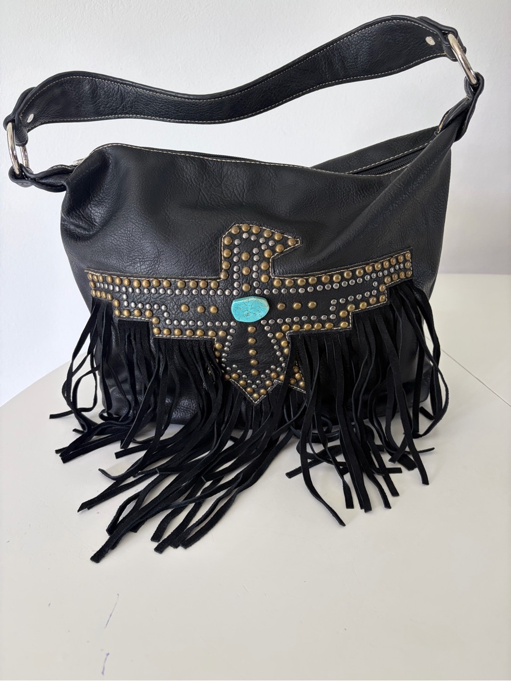 American Bling Black Faux Leather Thunderbird Fringe Turquoise Western Hobo Bag